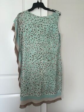 Vince Camuto Mint and Taupe Leopard One-Shoulder Dress